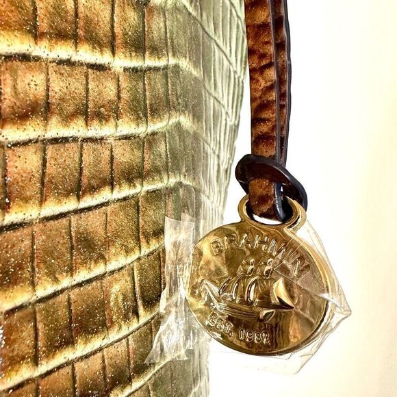 NWT Brahmin Croc Embossed Leather Brown Green Pouch And Tote Bag - Picture 5 of 9